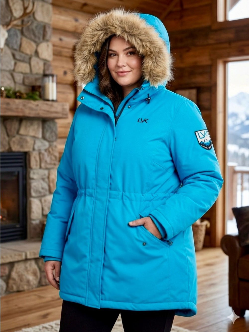 Livik Expedition Turquoise Blue Winter Parka Jacket with Faux Fur Hood